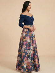 Navy Blue Off the Shoulder 3/4 Sleeves Satin Two-piece Print Floral Mother of the Brides dress