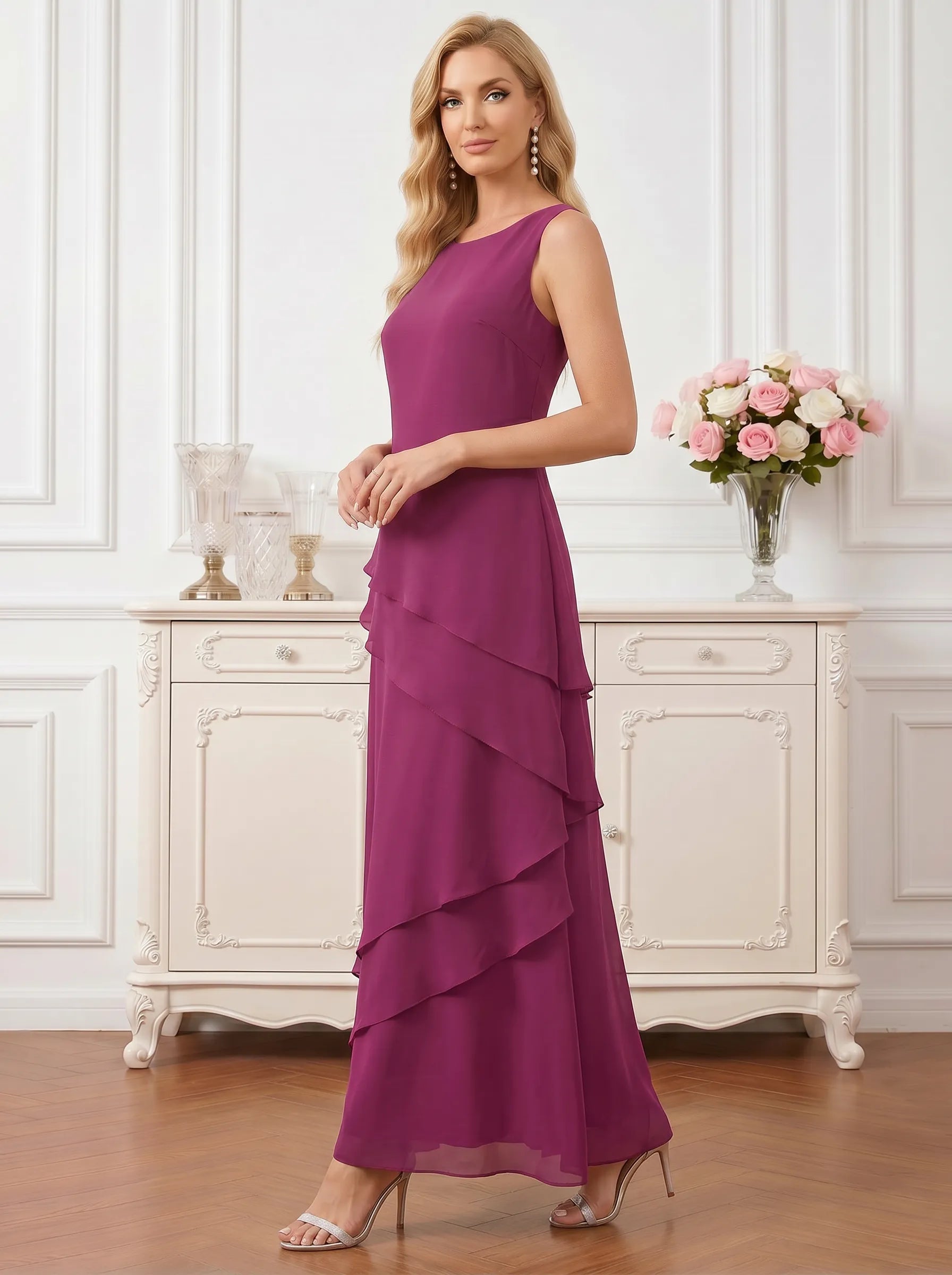 Round Neck Tiered Chiffon A-Line Mother of the Bride Dress with Matching Bolero Jacket