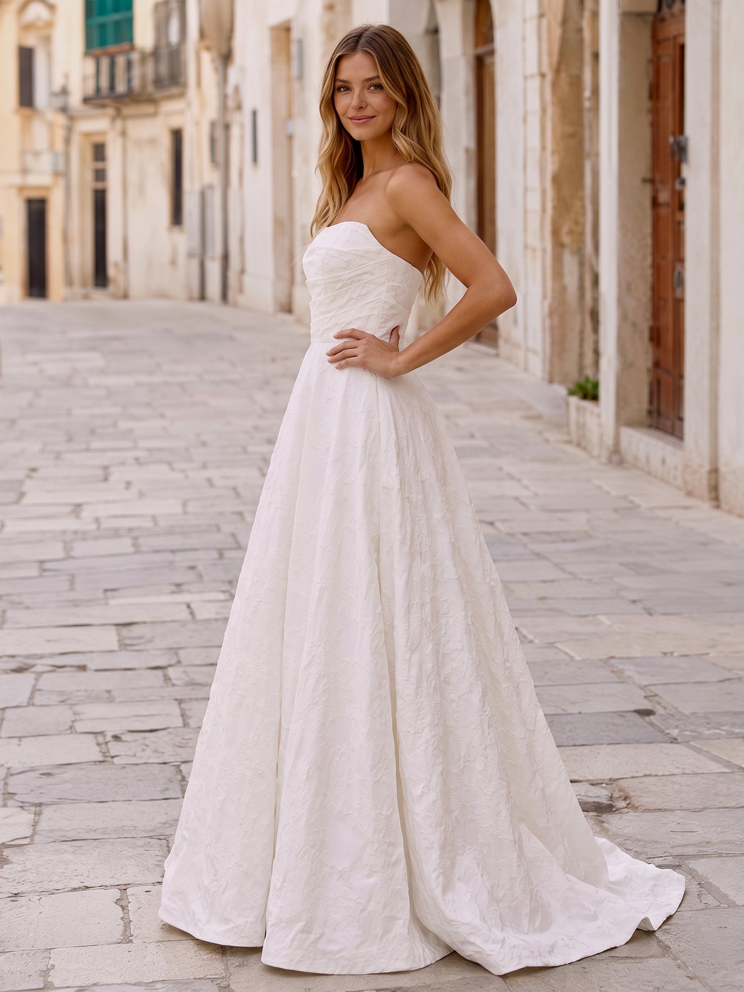 White Embossed Floral Strapless A-Line Wedding Bridal Gown