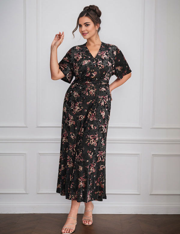 Vintage Plain V-Neck Short Sleeves Velvet Tea-Length Mother of the Bride Dress With Slit