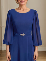 A-line Scoop Tea-Length Chiffon Mother of the Bride Dress With Crystal Brooch Pleated