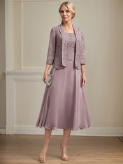 A-line Scoop Tea-Length Lace Chiffon Mother of the Bride Dress