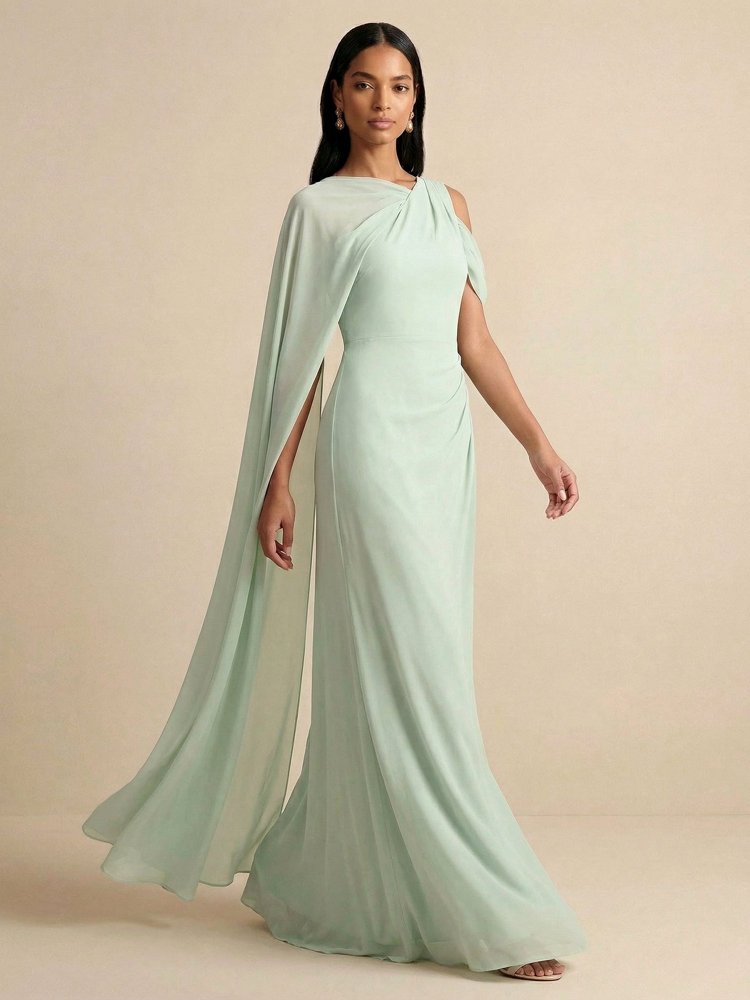 Sage Green Cape Sleeve Chiffon Evening Dress with Ruched Waist