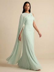 Sage Green Cape Sleeve Chiffon Evening Dress with Ruched Waist