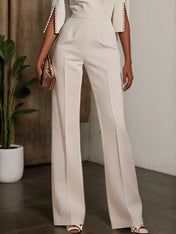 Women White Imitation Pearls Slit Boat Neck Half Sleeve Dressy Jumpsuit