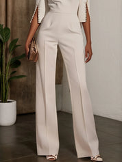Women White Imitation Pearls Slit Boat Neck Half Sleeve Dressy Jumpsuit