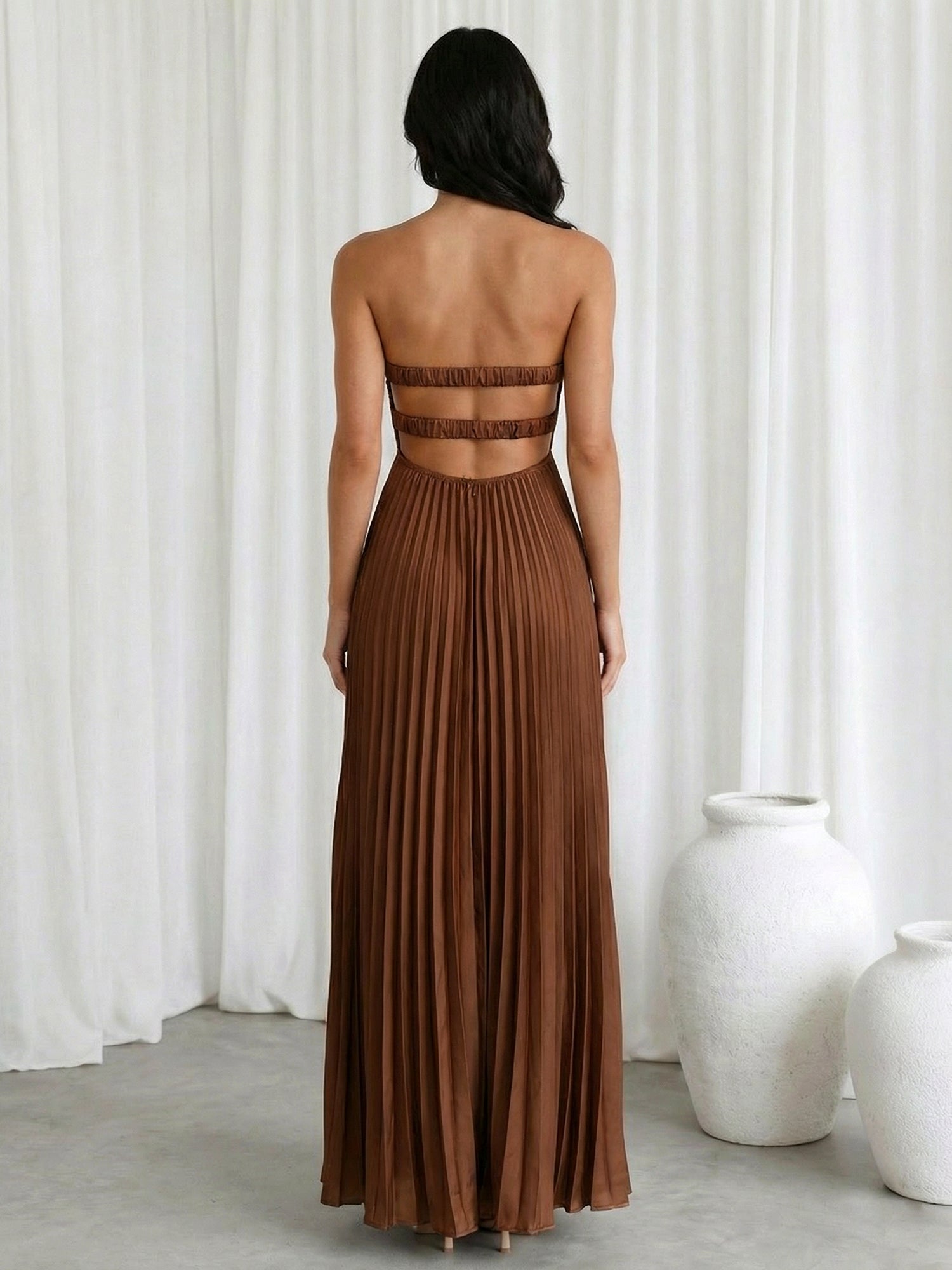 Brown Sweetheart Satin A Line Hollowed Maxi Dress with Pleat