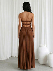 Brown Sweetheart Satin A Line Hollowed Maxi Dress with Pleat