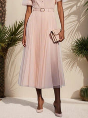 Pink Pleated Classic Shirt Collar Short Sleeve A-Line Midi Dress
