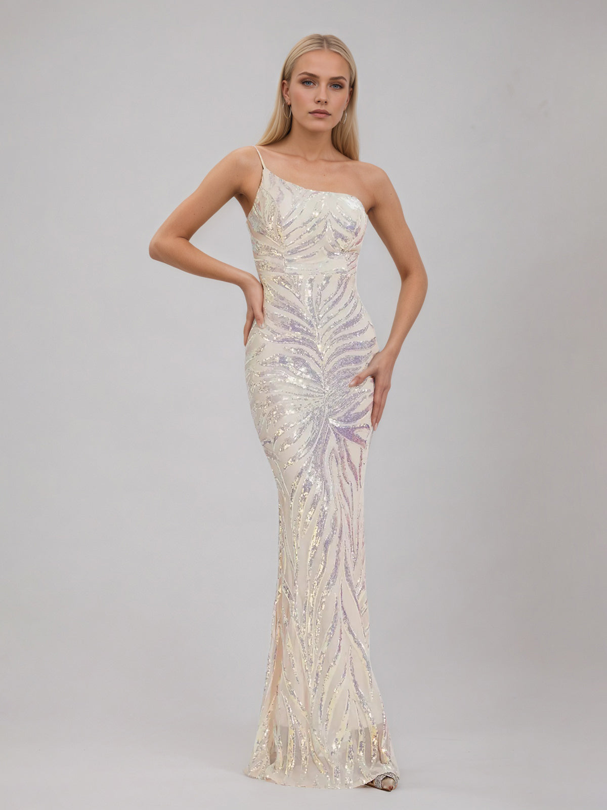 Apricot Sequins One-shoulder Dress