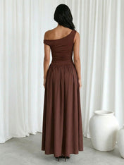 Brown One Shoulder A Line Floor Length Maxi Dress with Pleat