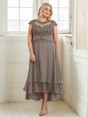 A-line Boat Neck Illusion Asymmetrical Chiffon Lace Mother of the Bride Dress With Applique Pleats