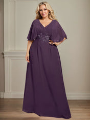 A-line V-Neck Floor-Length Chiffon Mother of the Bride Dress With Pleated Sequins Appliques Lace