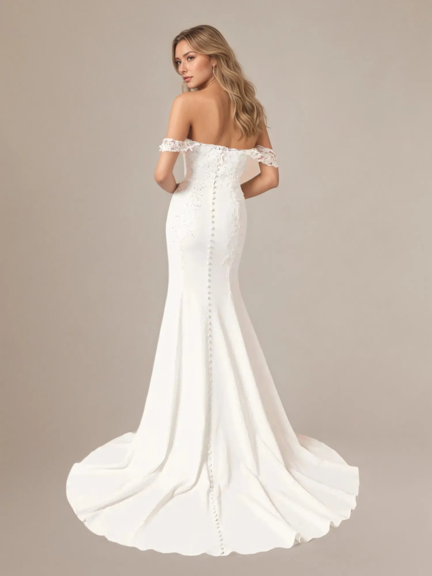 White Mermaid Sequins Off The Shoulder Stretch Crepe Wedding Dress