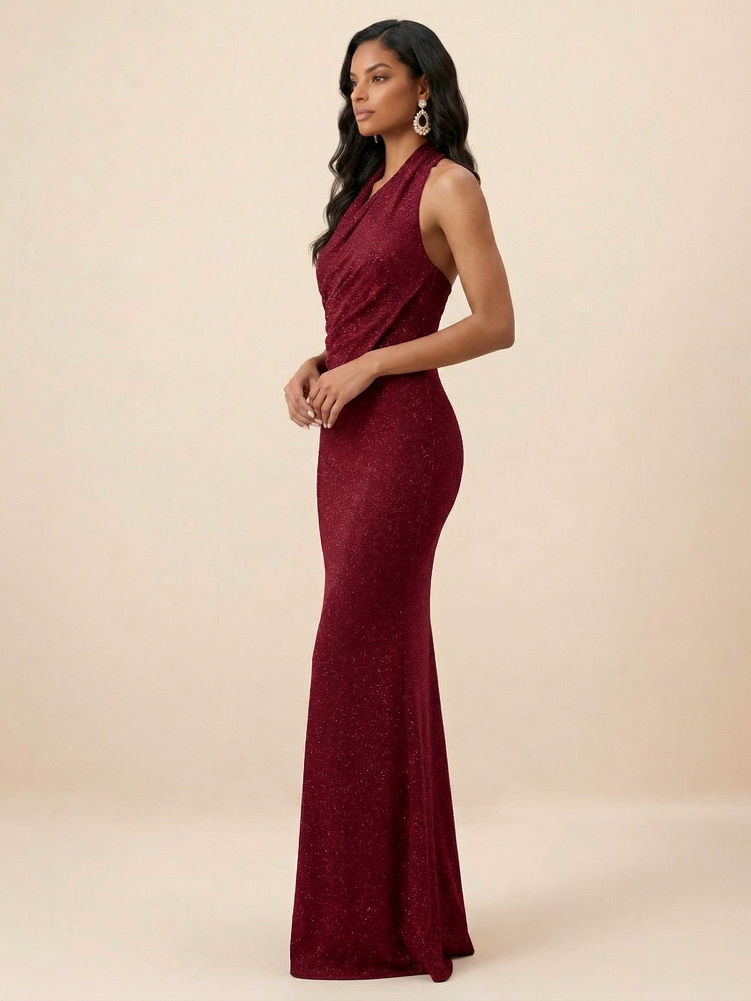 Burgundy Glitter Halter Draped Neck Mermaid Maxi Dress