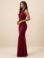 Burgundy Glitter Halter Draped Neck Mermaid Maxi Dress