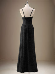 Black Sheath Spaghetti Straps Pleated Long Bridesmaid Dress with Slit