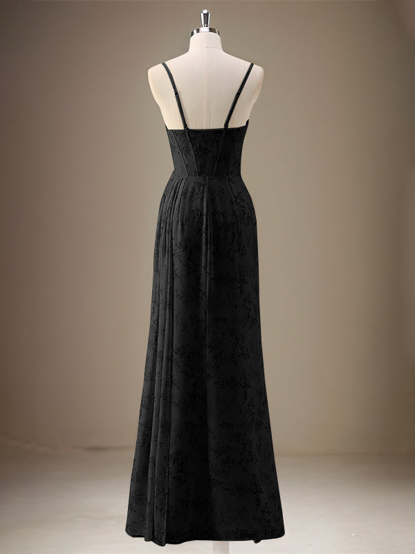 Black Sheath Spaghetti Straps Pleated Long Bridesmaid Dress with Slit