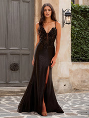 Sparkly Champagne Sheath V Neck Long Sequined Prom Dress With Slit