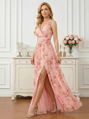 Floral Print V-Neck Sleeveless A-Line Mother of the Bride Dress with Slit
