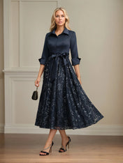 A-line Collared V-Neck Tea-Length Satin Lace Sequin Mother of the Bride Dress With Bow