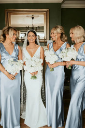 Sheath V Neck Sage Green Silk Satin Bridesmaid Dress with Bow