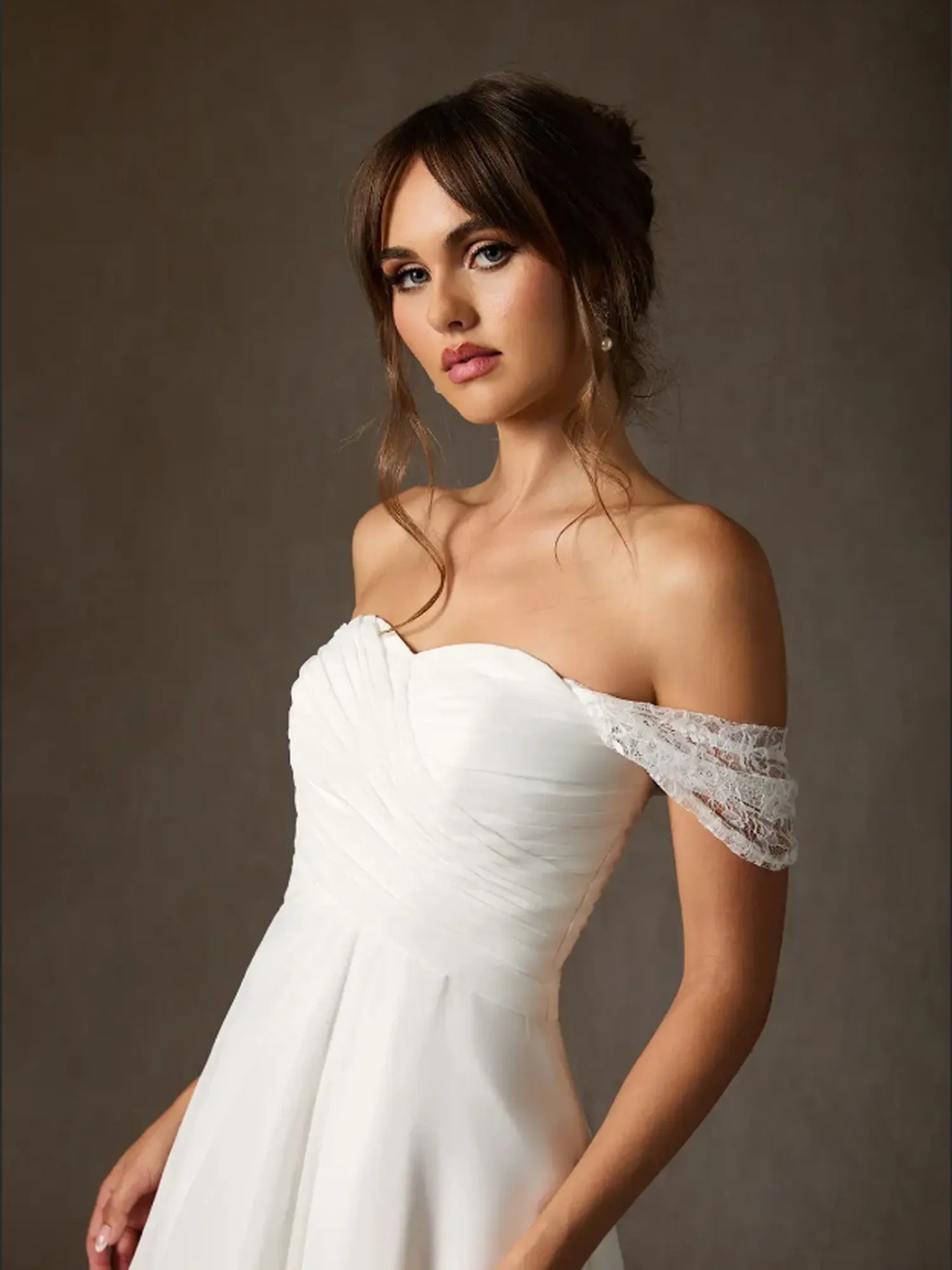 White A-Line Off the Shoulder Chiffon Wedding Dress