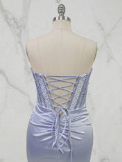 Light Blue Strapless Corset Bodice Mini Homecoming Dress with Ruched Skirt