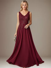 Burgundy A-line V Neck Floor-Length Lace Chiffon Mother of the Bride Dress