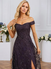 A-line Off the Shoulder Floor-Length Sequin Lace Evening Dress