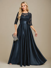 A-line Scoop Illusion Floor-Length Stretch Satin Lace Mother of the Bride Dress With Bow Sequins