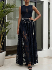 Midnight Black Lace Hollow Out Crew Neck Sleeveless A-Line Maxi Dress