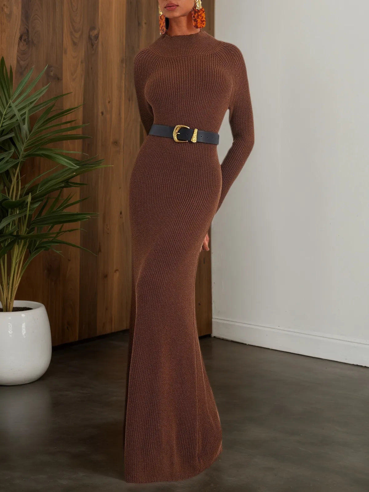 Dreamylily Women Wool Brown Long Sleeve A-Line Maxi Sweater Dress