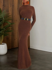 Wool Brown Long Sleeve A-Line Maxi Sweater Dress
