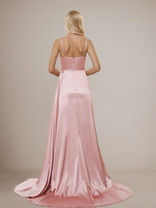 Dusty Rose Sheath/Column Satin Ruched Spaghetti Straps Sleeveless Floor Length Bridesmaid Dresses