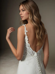 White A-Line V-Neck Sequins Stretch Crepe  Stretch crepe Lace Wedding Dress