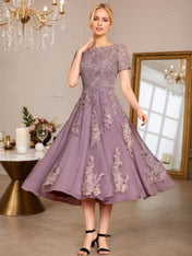 A Line Scoop Tea-Length Chiffon Mother of the Bride Dress With Appliques