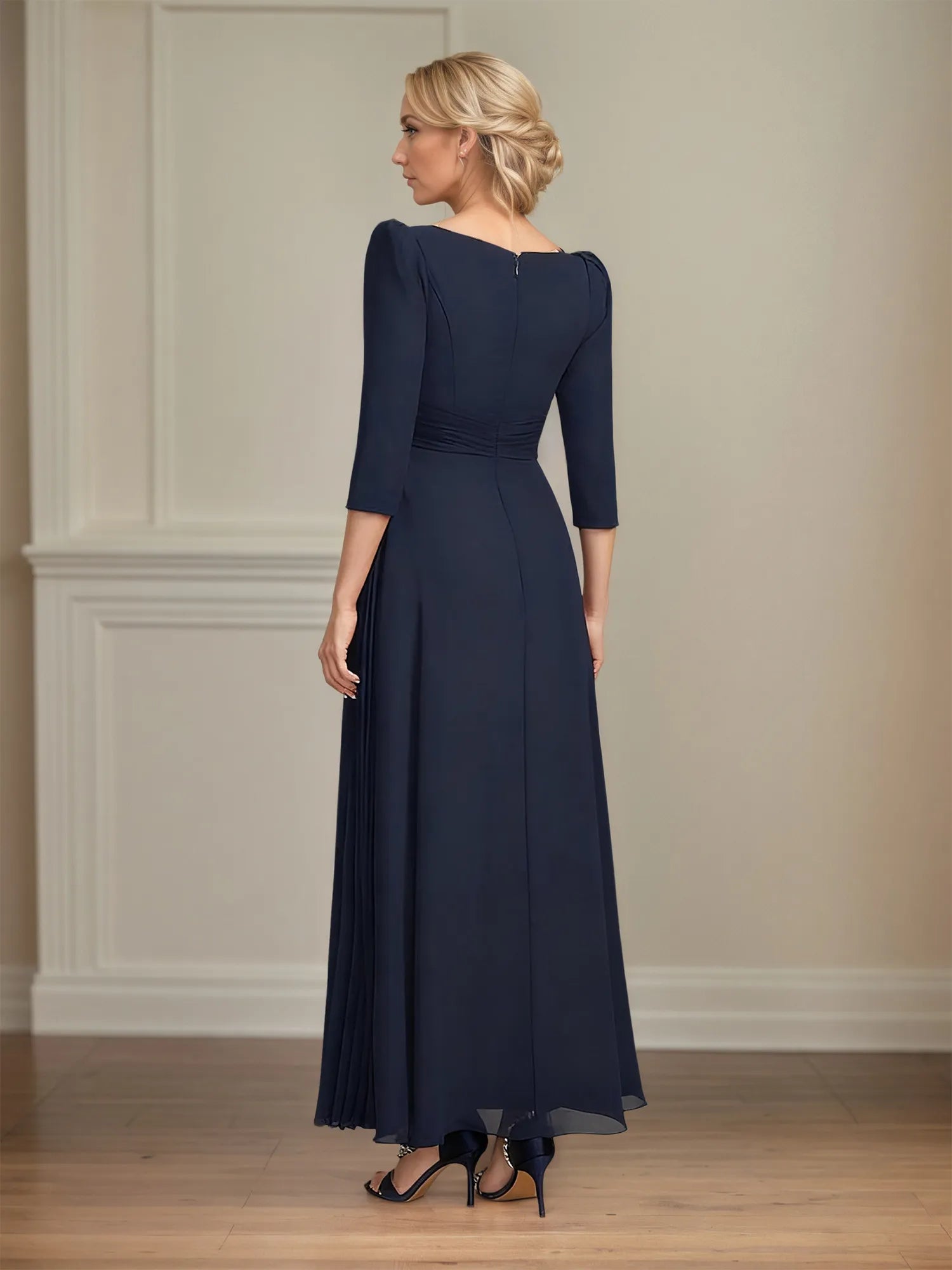 A-line V-Neck Ankle-Length Lace Chiffon Mother of the Bride Dress With Pleated Sequins