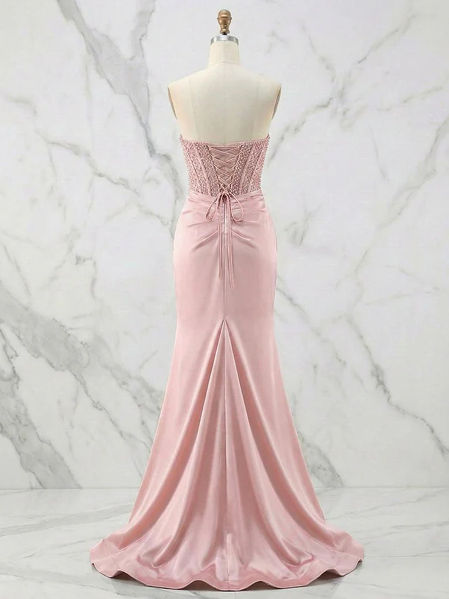 Glamorous Strapless Beaded Corset Satin Prom Dress with Slit