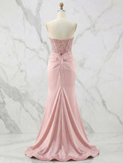 Glamorous Strapless Beaded Corset Satin Prom Dress with Slit