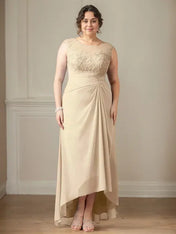 Champagne A-Line Scoop Lace Chiffon Dress