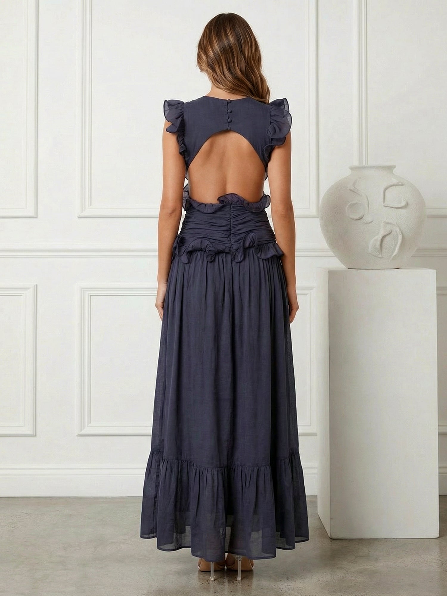 Black V Neck Chiffon A Line Tea Length Maxi Dress with Ruffle