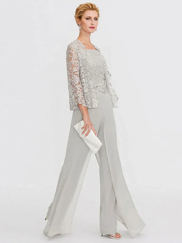 Ensemble 3 pièces en mousseline de soie avec col carré et veste pour mère de la mariée 