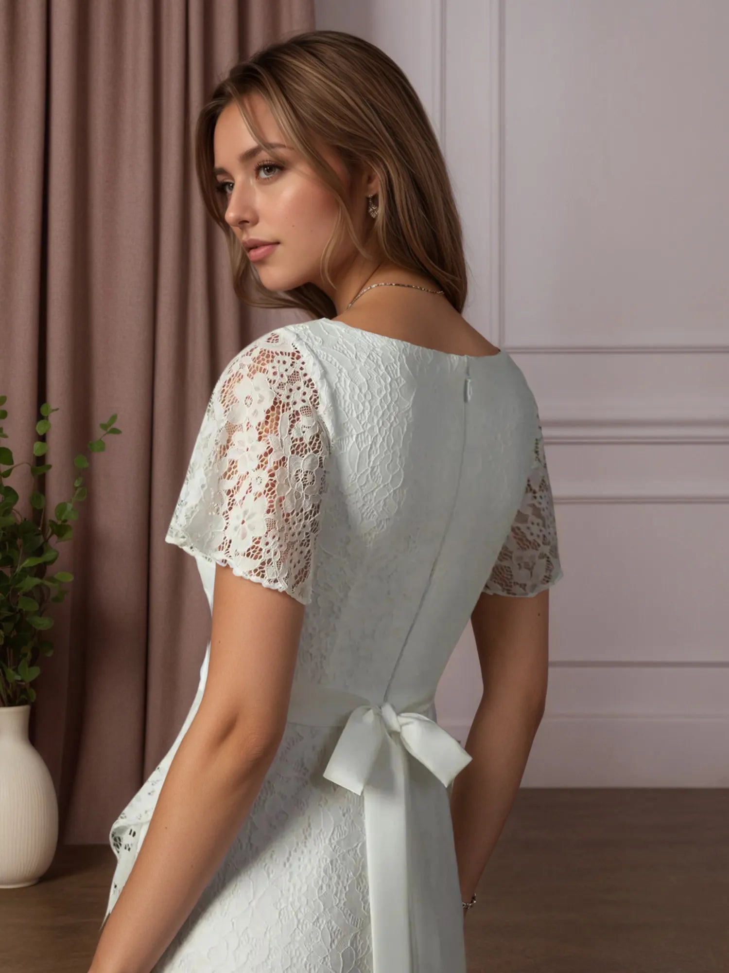 White A-Line V-Neck Lace Wedding Dress