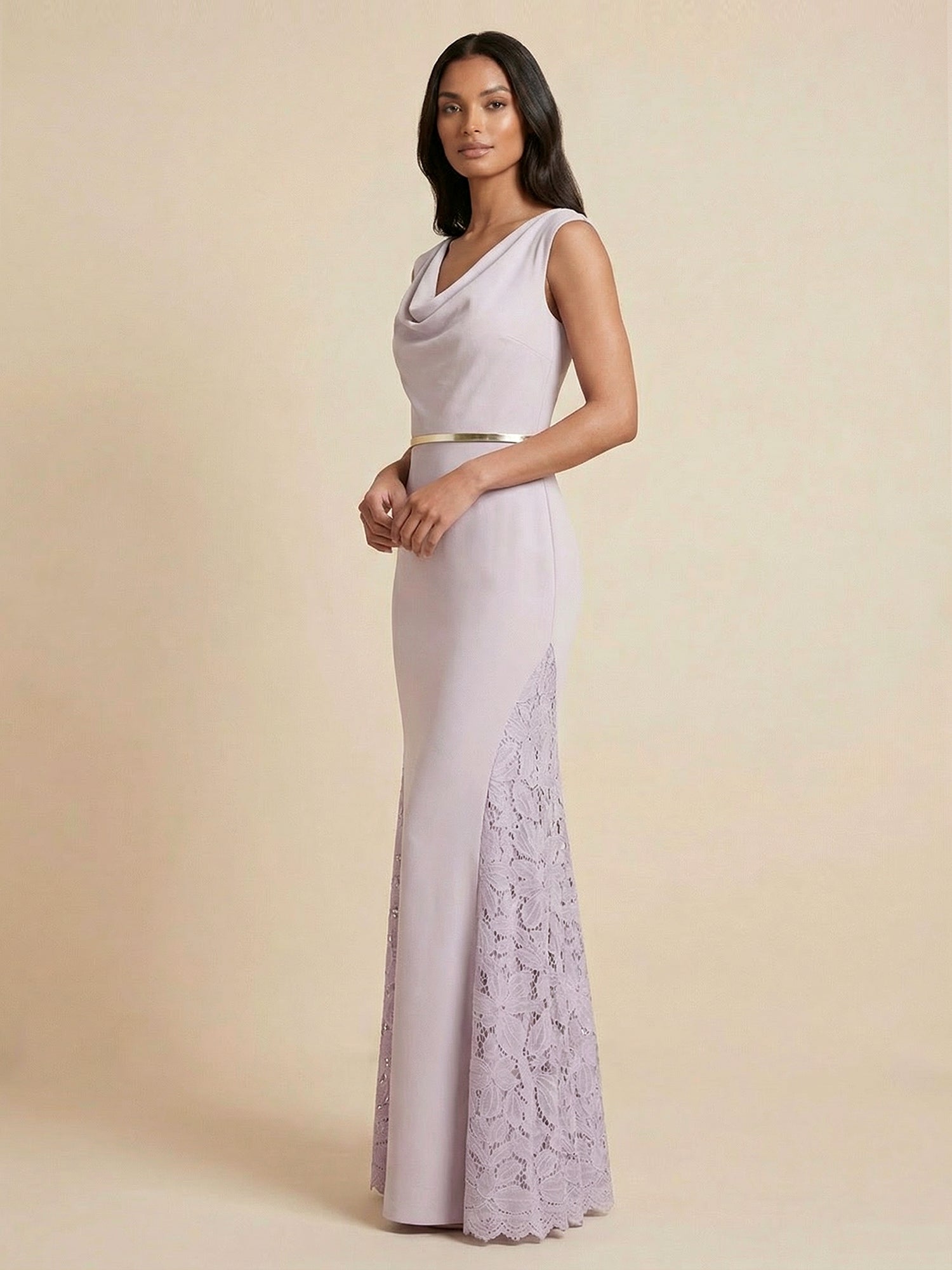 Lilac Sleeveless Cowl Neck Mermaid Gown with Lace Side Slits