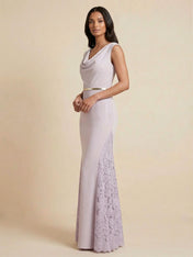 Lilac Sleeveless Cowl Neck Mermaid Gown with Lace Side Slits