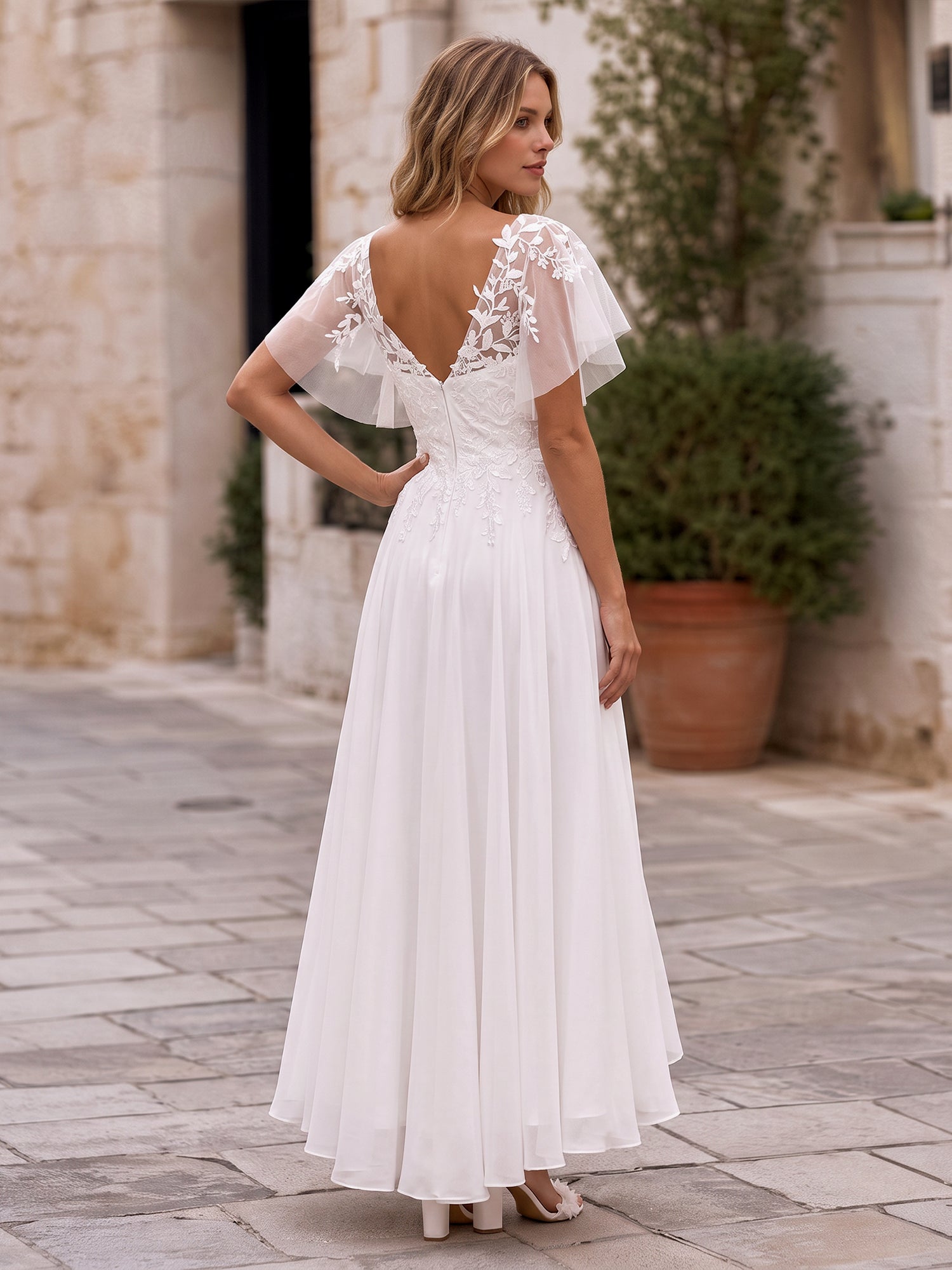 Romantic A-Line Wedding Dress with Floral Lace Bodice & Sheer Flutter Sleeves