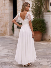 Romantic A-Line Wedding Dress with Floral Lace Bodice & Sheer Flutter Sleeves