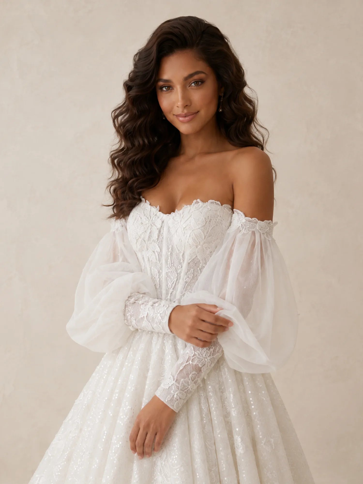 Elegant Off-The-Shoulder Long-Sleeve Lace Ball Gown Wedding Dress with Chapel Train