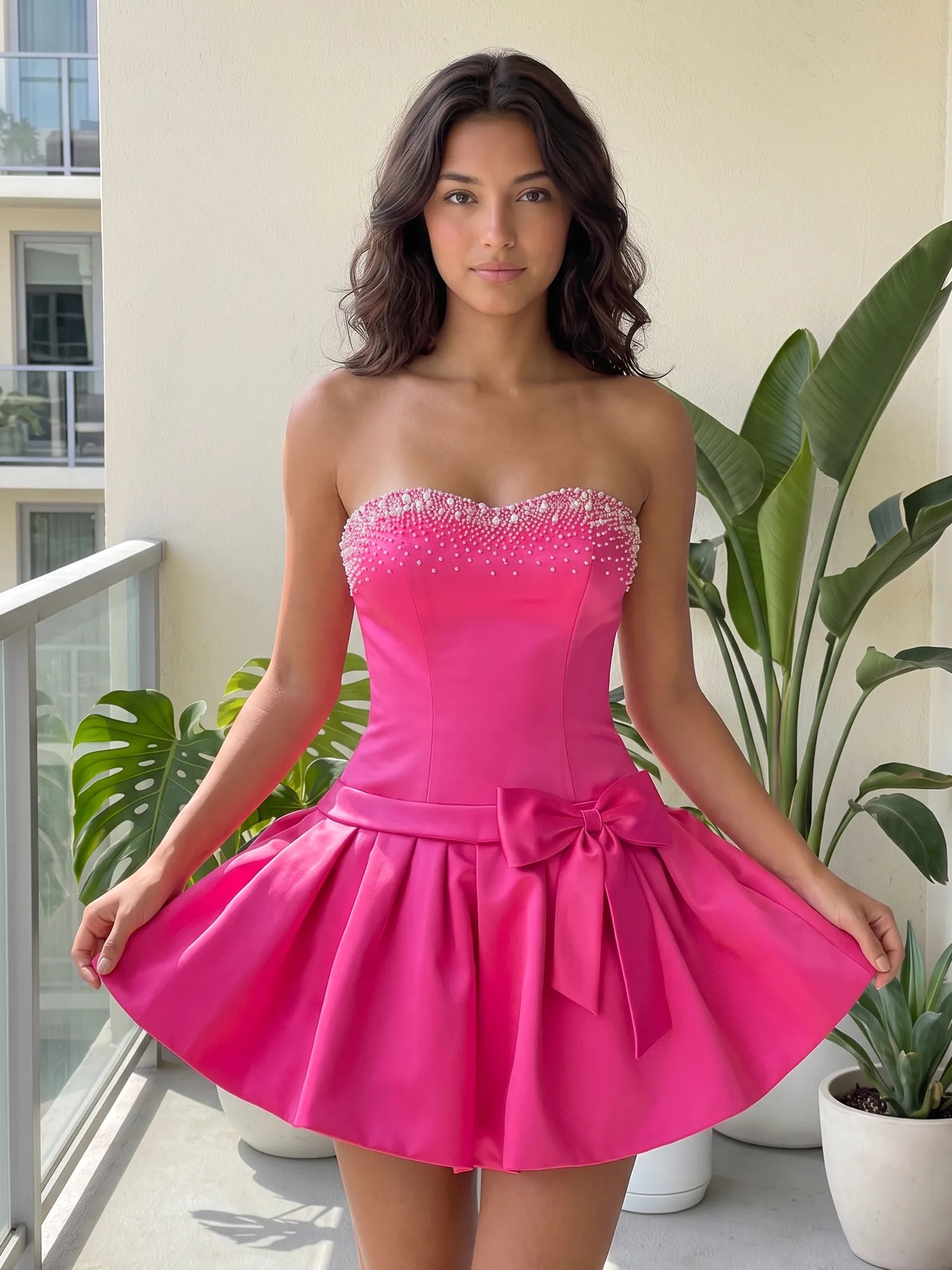 Fuchsia Pearl Corset Short Homecoming Dresses Large Waist Bow Lace Up Back